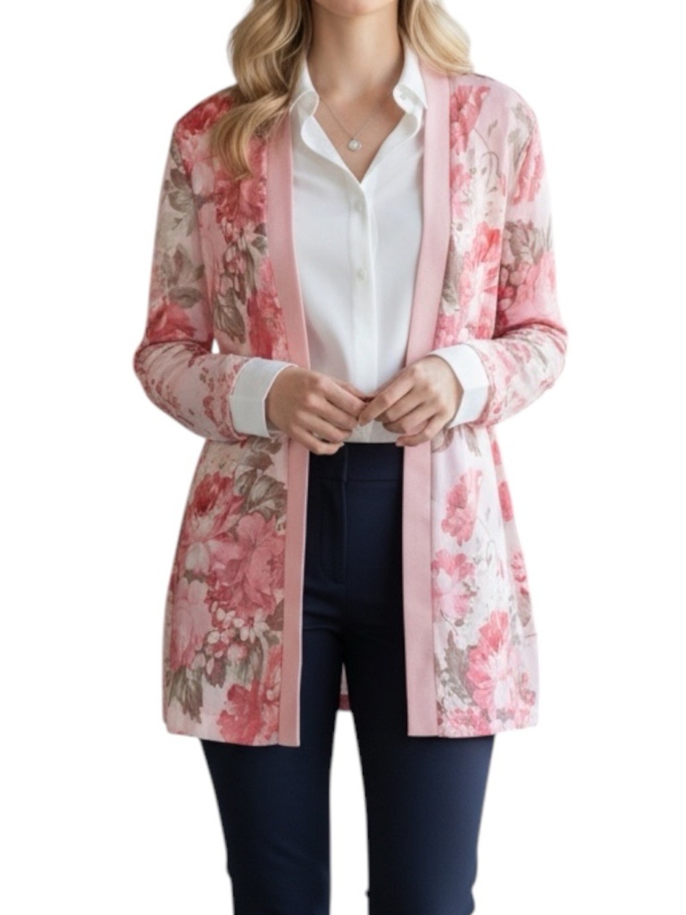 Vintage Chiffon Long Line Pink Floral Open Blazer Cardigan